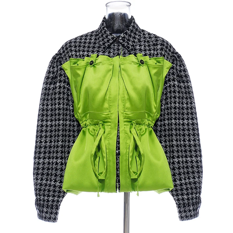 Лоскутная куртка популярного цвета для женщин, воротник с лацканами, фонарь, длинный рукав, высокая талия, шнурок, Женское пальто, модная новинка - Цвет: photo color