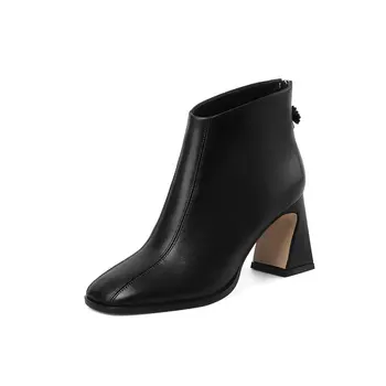

Genuine Leather Thick high Heels Working Ankle Boots Women 2021 Autumn Winter Back Zipper square Toe party wedding Shoes Woman