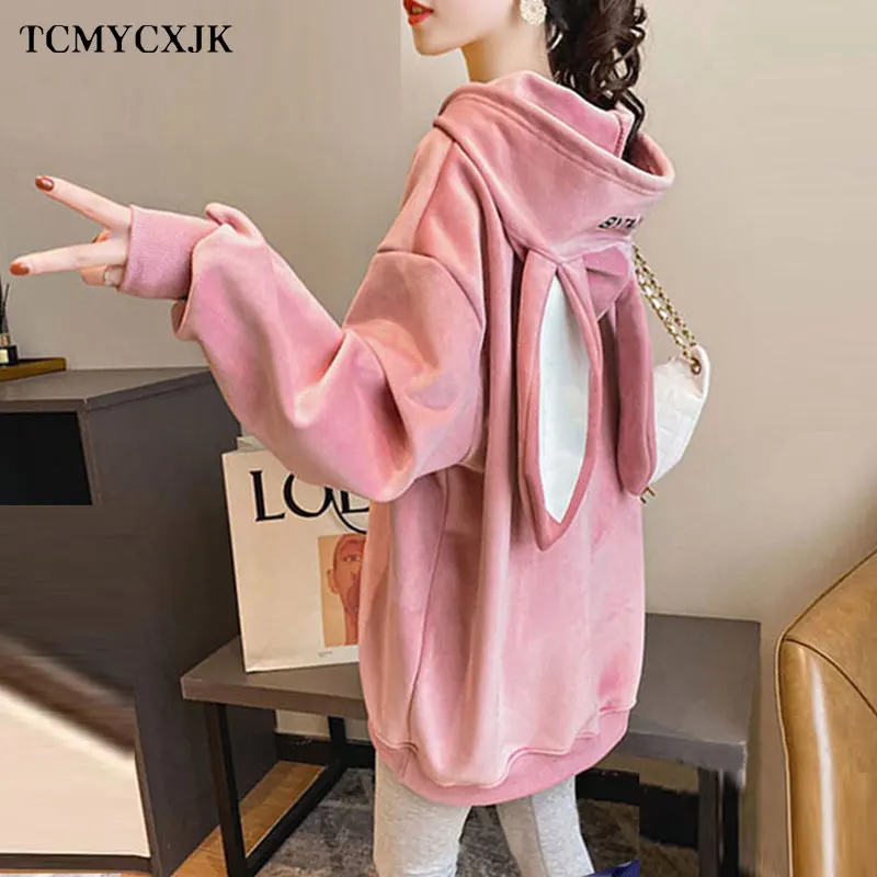 

2020 Net Red Cute Rabbit Ears Hoodies Female Autumn Harajuku Loose Long-sleeved Thick Warm Hooded Sweatshirt Jacket Coat