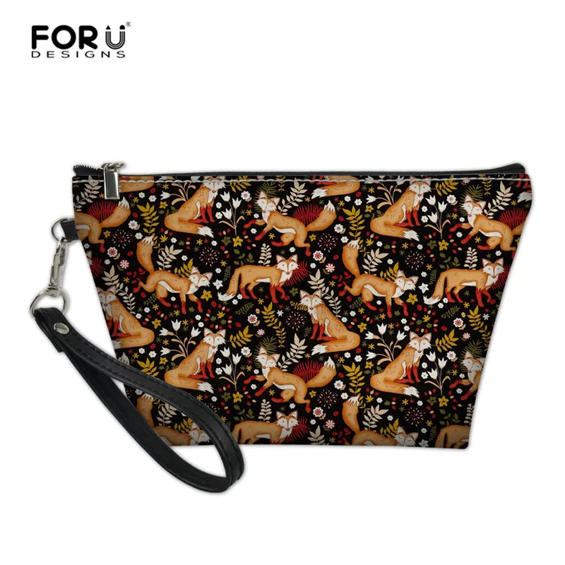 FORUDESIGNS Floral Fox Print Women Makeup Bag PU Leather Small Cosmetic Case Zipper Travel Kit Organizer Pouch for Girls