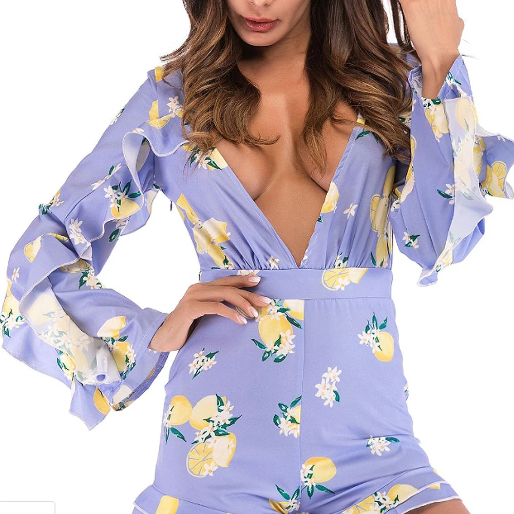 Размера плюс S-XL, Женский праздничный мини-костюм Бохо с длинным рукавом и оборками, глубокий v-образный вырез, Летний Пляжный комбинезон