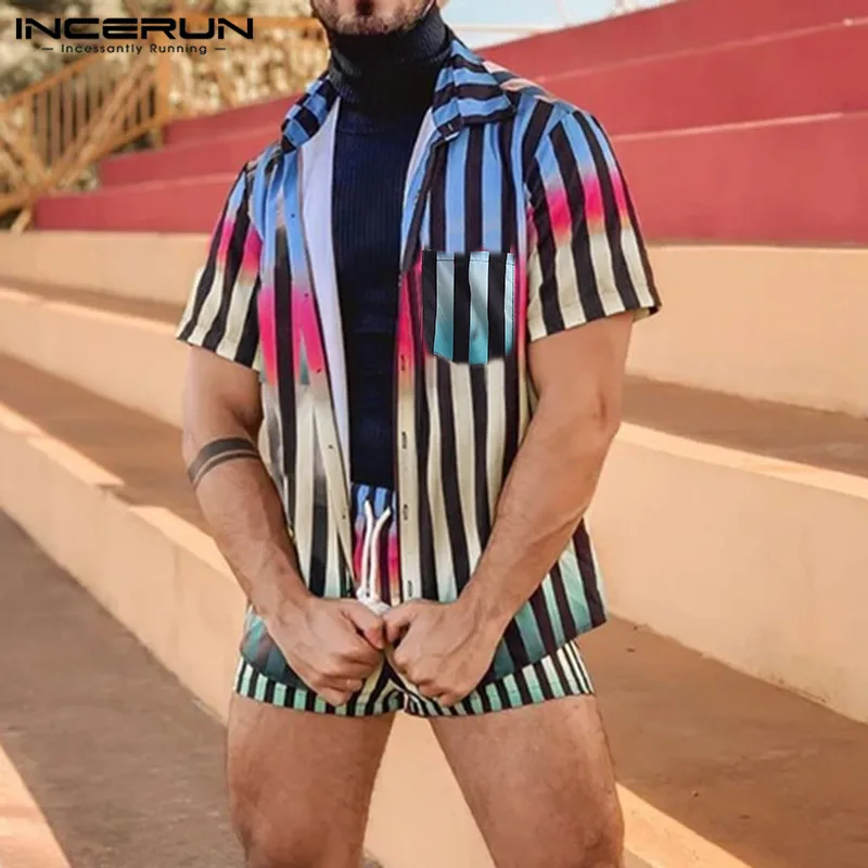 Shirt Short-Sleeve Incerun Men Hawaiian-Sets Striped-Sets Streetwear Mens 2pieces S-3XL