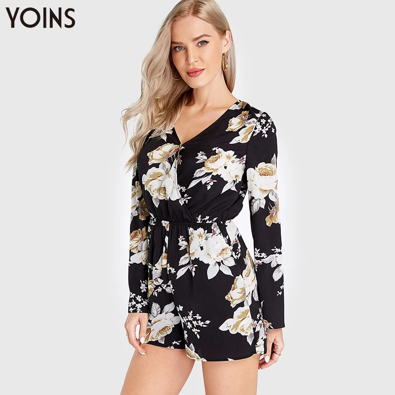 Женское боди с длинным рукавом YOINS эластичное цветочным принтом v образным