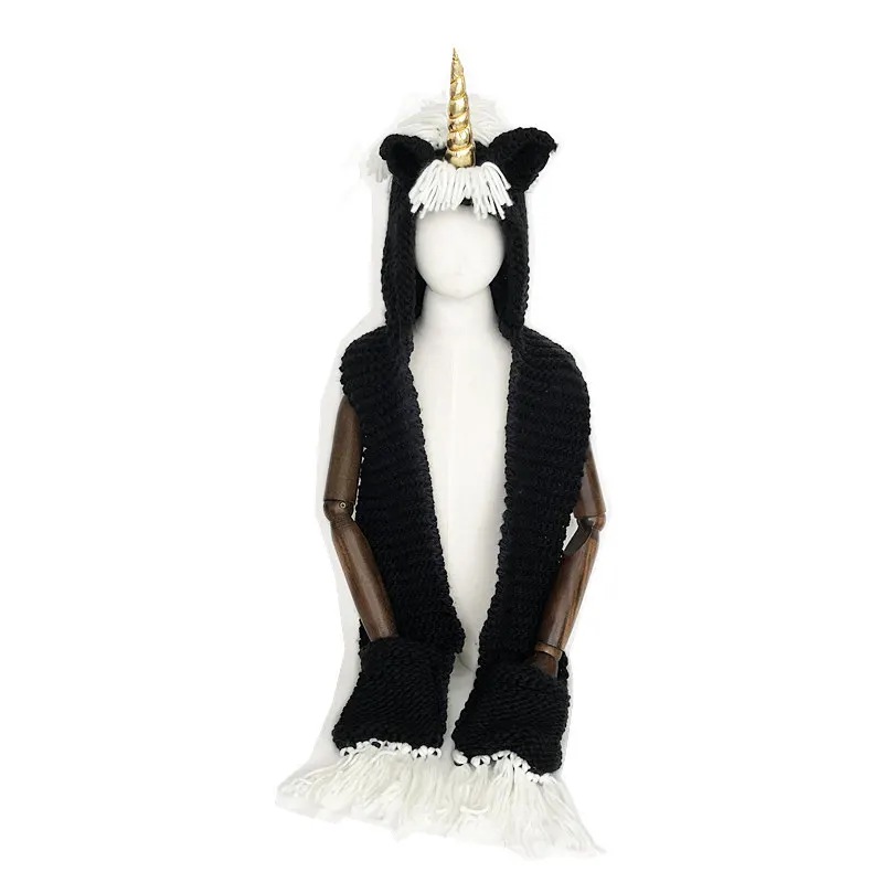 B gold horn Children Rainbow Unicorn Soft Skullies Beanies Hats Shawl Scarf Set With Two Pockets Warm Knitted Kids Girls Bonnet Cap - Color: B gold horn