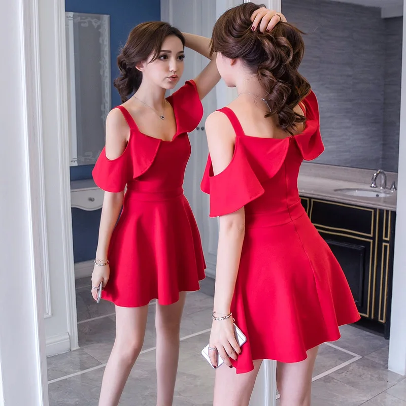 

WOMEN'S Dress 2018 New Style Fashion Slim Fit Slimming A- line Skirt Elegant-Horizontal Neck Strapped Dress