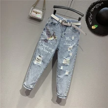 Джинсы для женщин, джинсы для мам, штаны с буквенным принтом, джинсы для женщин в стиле бойфренд с высокой талией, пуш-ап, большие рваные женские джинсы из денима