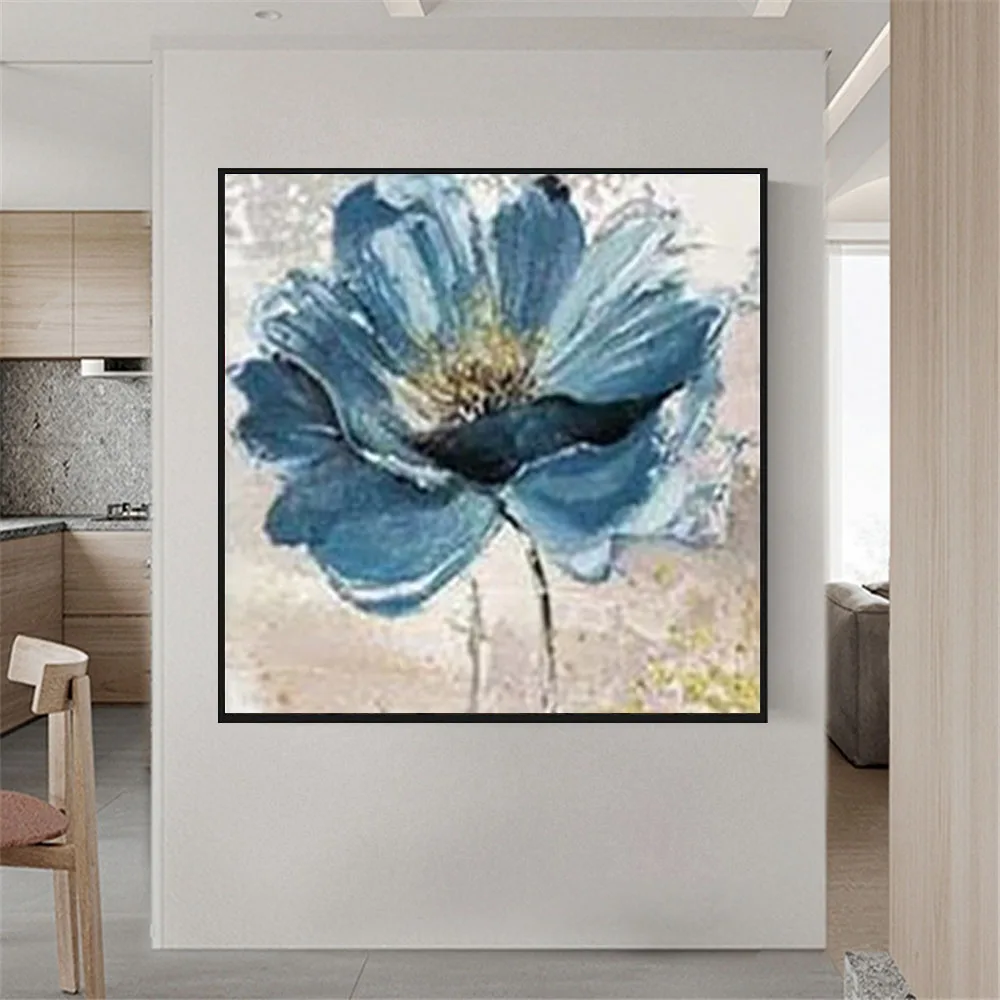 

Monet Hand-Painted Oil Painting Flowers Big Flowers White Light Blue Texture Abstract Canvas Paintings Living Room Decor Art
