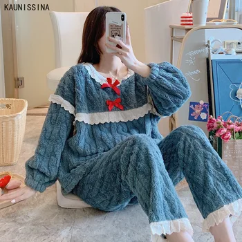 

Women's Winter Pajamas Long Sleeve Sleepwear Soft Pyjamas Female Sleep Two Piece Set Loungewear Home Warm Home Suit
