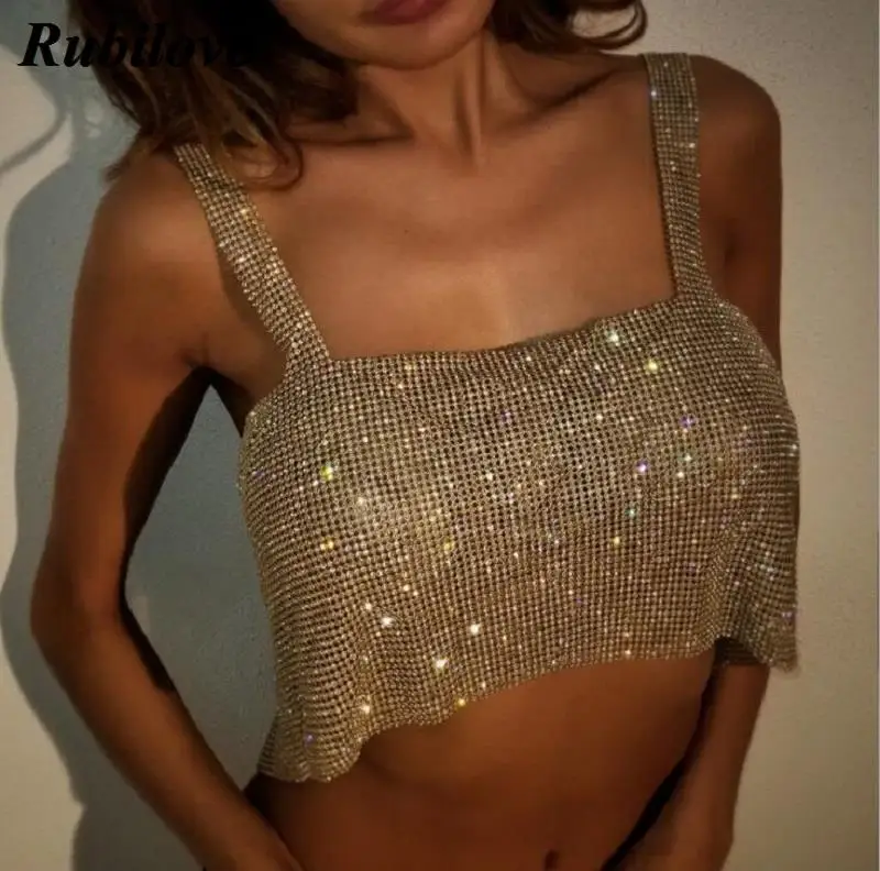 Rubilove, сексуальные женские блестящие майки, топы с золотыми блестками и металлическими бриллиантами, топы, майка, футболка с блестящими кристаллами, базовые Топы для ночного клуба