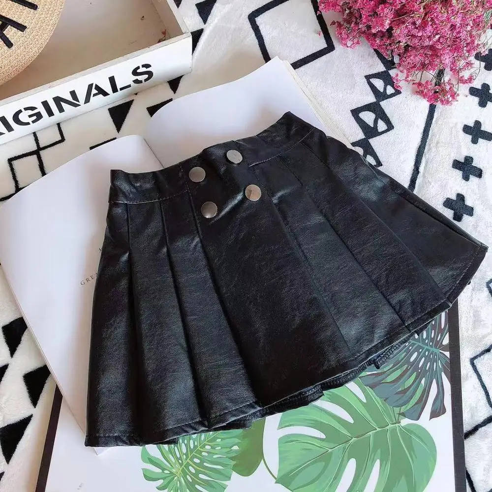 Весенне-осенняя юбка из искусственной кожи для девочек плиссированная юбка для малышей Детские мини-юбки Детская уличная мода, черный цвет, 4 кнопки, от 3 до 12 лет - Цвет: black