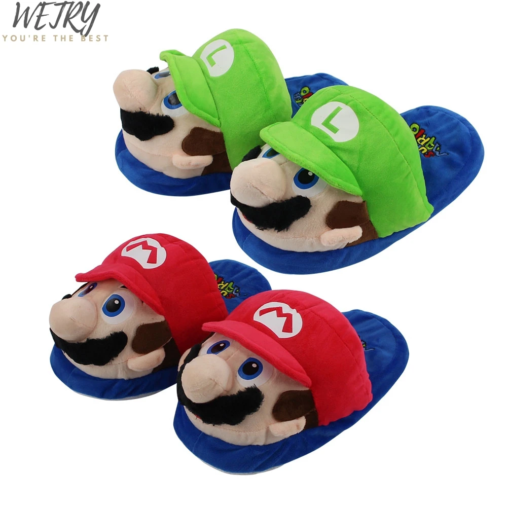 

IN 2020 Super Mario Bros Mario Luigi red and green slippers soft cotton plush stuffed cartoon game shoes for winter indoor warm