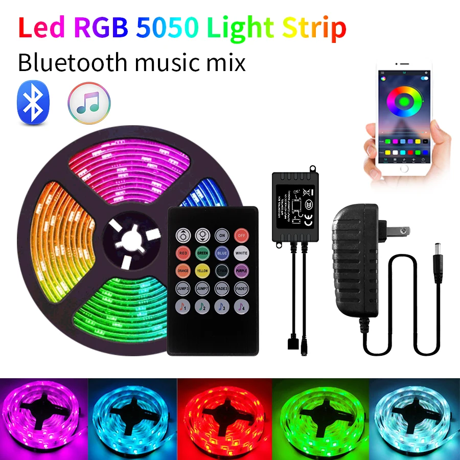 Tira de Luces LED de 5m y 20m con Bluetooth, resistente al agua, DC12V, inteligentes, 5050 RGB, tira de Luces Led, diodo, cinta Flexible, Control + adaptador