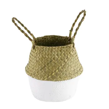 

Household Foldable Natural Seagrass Woven Storage Pot Storage Flower Vase Handmade Hanging Basket With Handles