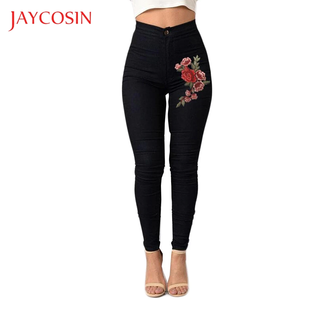 JAYCOSIN Ladies Decorated Pure Straight Barrel Tight Bottom Jeans Pants  Tight Elastic Printed Jeans In Solid Colour 729#2