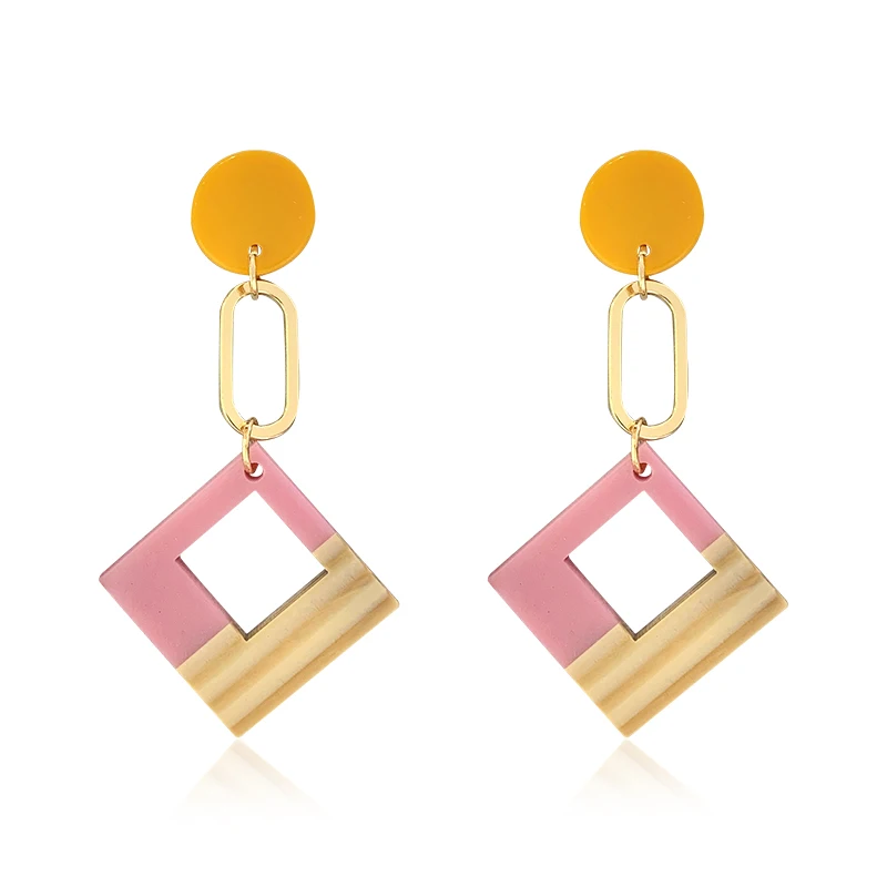 

DREJEW Korean Pink Blue Green Geometric Square Statement Earrings Alloy Drop Earrings for Women Weddings Party Jewelry HE7461