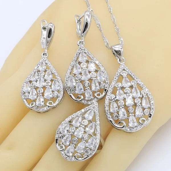 Белый Циркон 925 серебряные ювелирные наборы для женщин свадебный браслет серьги ожерелье кулон подарочные коробки для колец - Окраска металла: 3pcs No bracelet