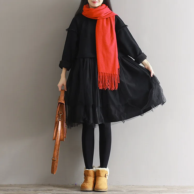 Mori girl robe Femme зимнее бархатное плотное платье-свитер с круглым вырезом и длинными рукавами, Сетчатое лоскутное теплое винтажное платье AF837