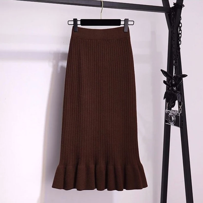 65cm-Coffee Женская Осенняя трикотажная юбка русалки, высокая талия, теплая, элегантная, с оборками, Вязанная, в рубчик, юбки, женские, зимние, теплые, юбки для вечеринок - Цвет: 65cm-Coffee