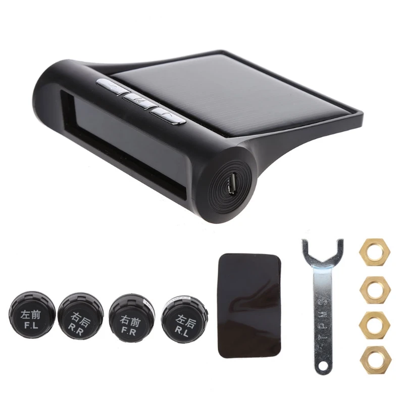 

QILEJVS Solar Energy TPMS Tire Pressure Monitor System Adjustable LCD Display w/ USB Charger