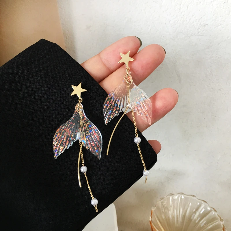 Timlee E274 New Temperament Mermaid Tail Tassels Imitation Pearl Star Long Drop Earring Fashion Accessories drop earrings dangle earrings long earrings