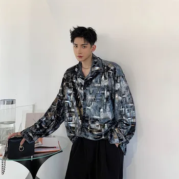 

Men's long-sleeved shirt 2019 autumn and winter new loose wild hot stamping shirt youth personality fashion trend men's clothing