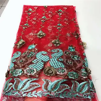 

African Big Red Bead Lace Fabric 2020 Hot Sale Nigerian Wedding Dress High Quality Organza French Net Mesh Lace ELL4375