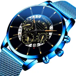 Мужские часы Relojes Masculino, модные роскошные часы из нержавеющей стали с календарем, аналоговые кварцевые наручные часы, деловые синие часы