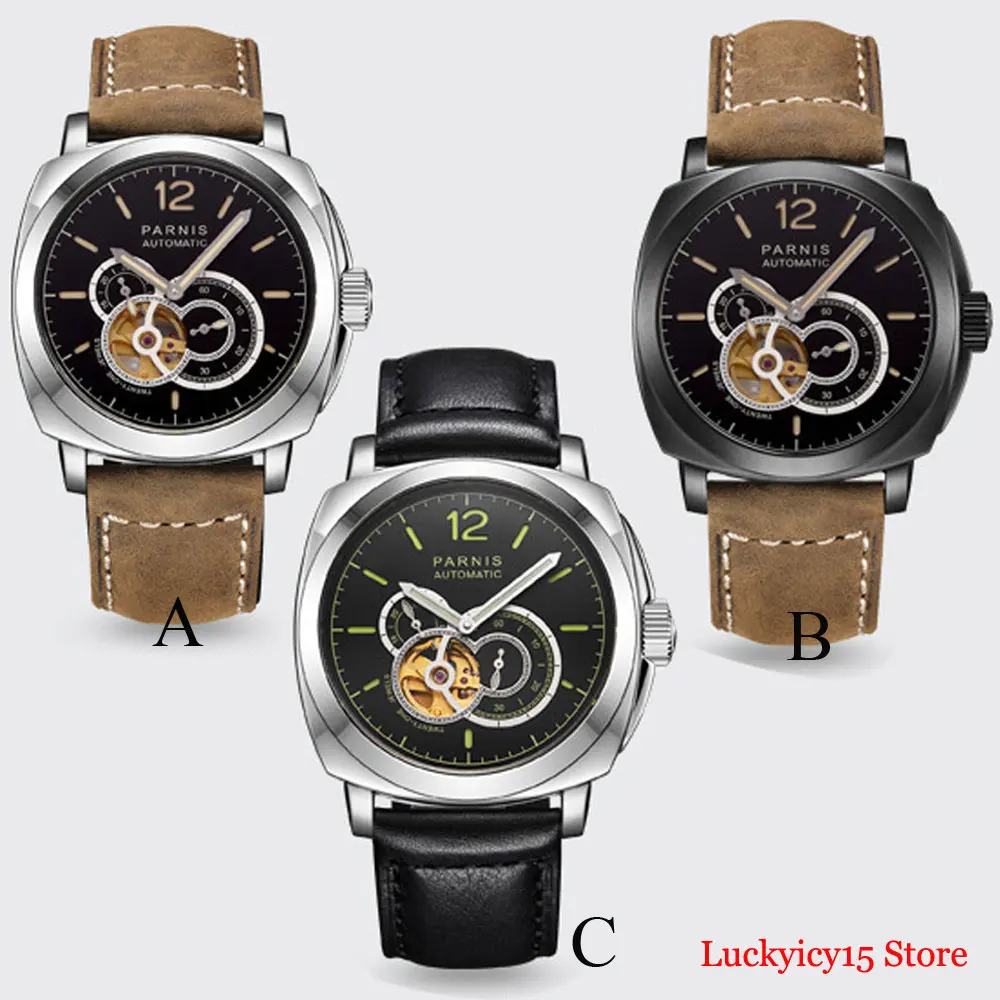 

PARNIS Luxury 44mm Automatic Men Watch Sapphire Glass Special Design 24 Hours Hollow Dial Square Case Self Winding Movement