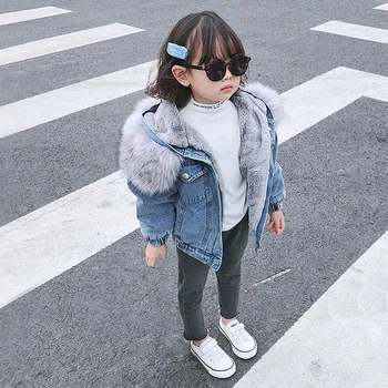 

Toddler Kids Baby Girl Deinm Jacket Hooded Faux Fur Fleece Warm Thick Denim Coat Outwear Long Sleeve Coat Overcoat Winter