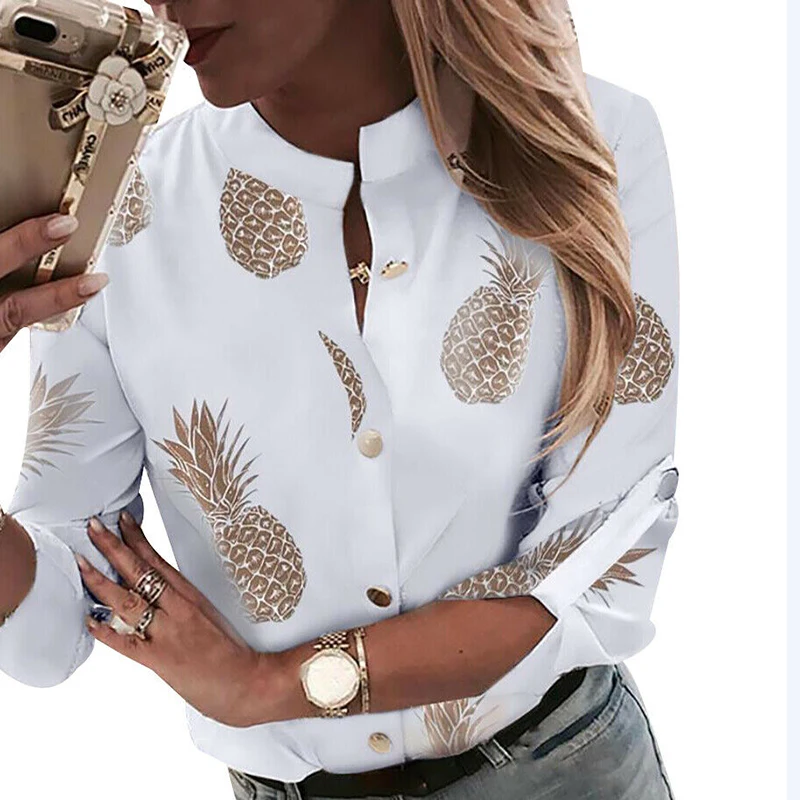 

New Ladies Casual Button Down Blouse Shirt Spring Womens Pineapple Printed Shirt Autumn Female Long Sleeve Stand Collar Blouse