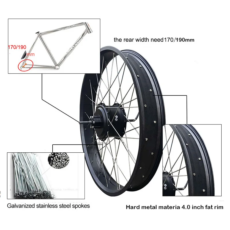 48V 1000W электрический велосипед fat tire задний мотор ступицы колеса 2" 26" 4,0 Размер бесщеточный задний мотор E-bike Мотор колеса