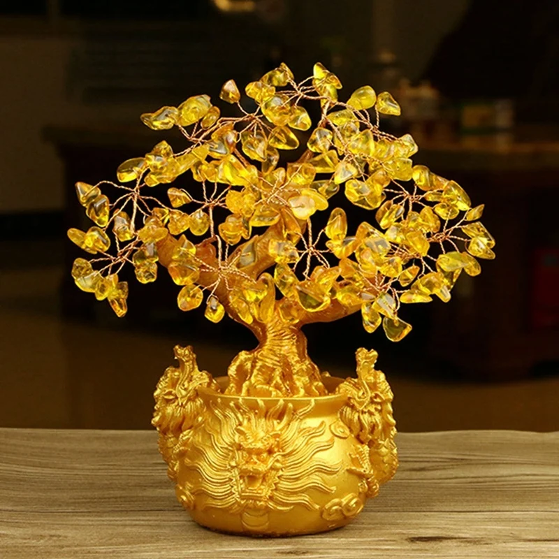 Chinese Golden Crystal Lucky Money Fortune Tree LUCKY Fortune Wealth Home Office Decoration Ornament Best Gifts