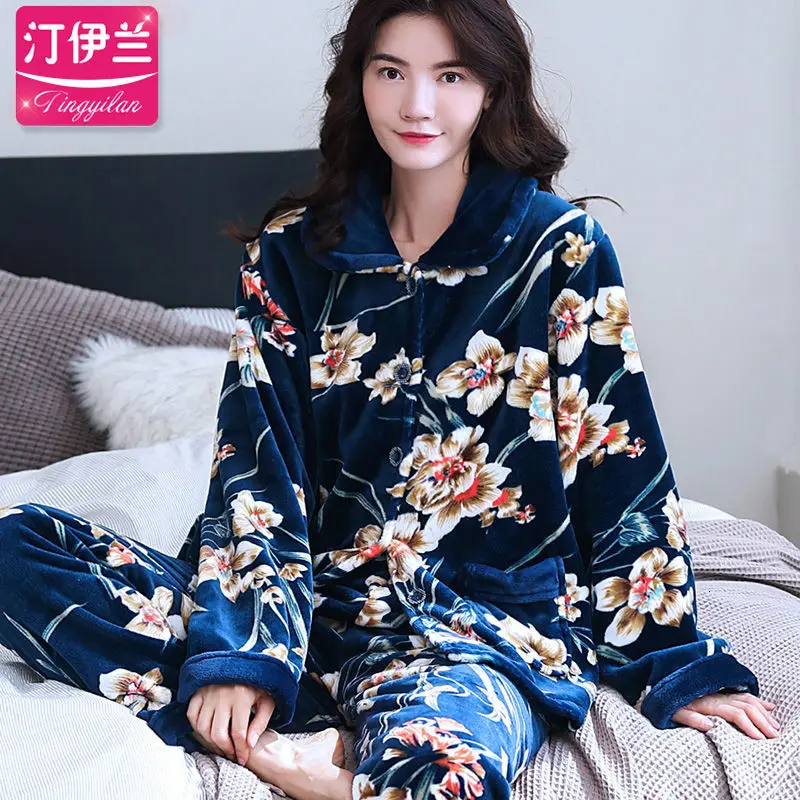 sleepwear women Пижамы женские фланелевые пижамы женские зимние теплые женские пижамы зимняя Пижама Femme домашний костюм женские длинные пижамы XXXL L - Цвет: sleepwear women