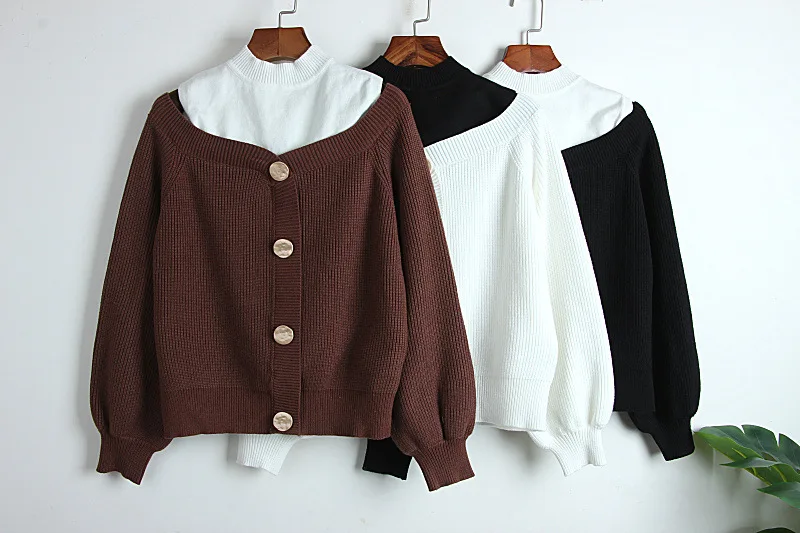 Autumn women Cardigans Faux 2 Pieces Single-breasted Patchwork Casual Stand Korean Sweater Loose Female pull femme Outwear