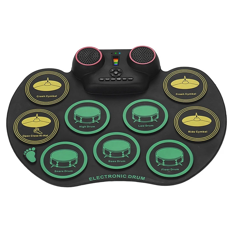 Digital Roll Up Drum Pad Silicone Electronic Drum Set Practice 10 Drumpads Built-In Double Speakers with Sticks and Foot Pedals