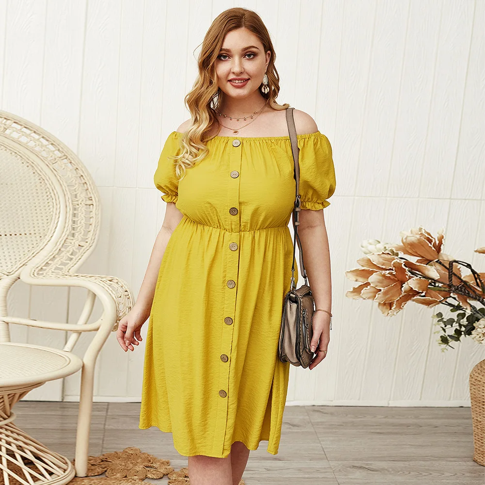 Plus Size 4XL Women Summer Dress Solid High Waist Sundress Sexy Cold Shoulder Deep Vestidos Slash neck Loose Button Short | Женская