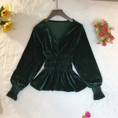 Neploe, v-образный вырез, тонкая талия, рукав-фонарик, бархатная блузка для женщин, элегантные оборки, длинный рукав, Blusas Mujer, облегающая короткая рубашка 46384 - Цвет: green