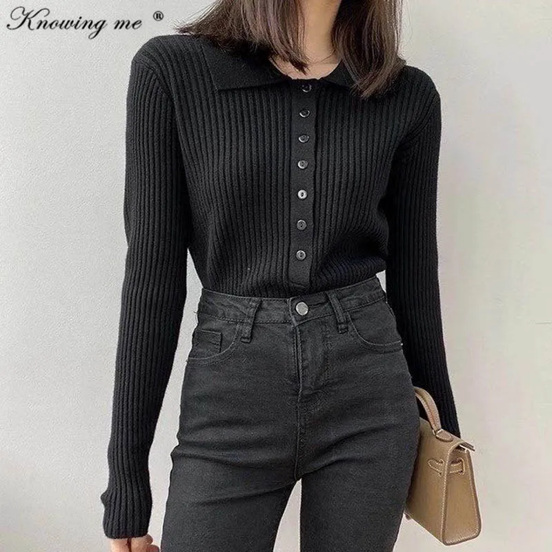 

Women Solid Basic knit Sweater Elegant Button Rib Trun Down collar Long Sleeve Knitted Sweater Female 2020 winter knitwear Tops