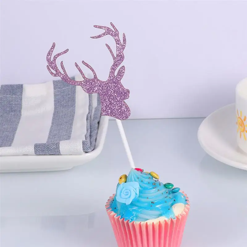 14pcs Cake Toppers Shiny Elk Head Shape Cake Decorations Christmas Wedding Party Dessert Stand Decoration(Purple