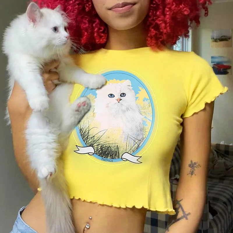 Женская футболка с принтом кота lofia повседневная облегающая
