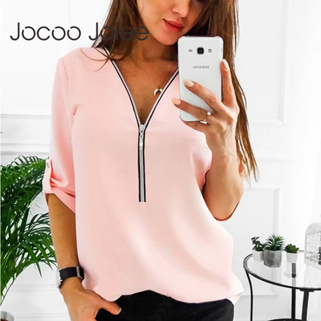 US $6.59 Zipper Short Sleeve Women Shirts Sexy V Neck Solid Womens Tops And Blouses Casual Tee Shirts Tops F