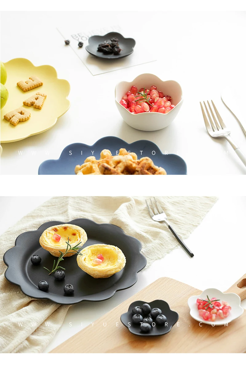 Фарфоровые обеденные тарелки в форме цветка, наборы, керамическая тарелка для фруктового закусок, салата, десерта, блюдо для торта, черно-белые кухонные аксессуары