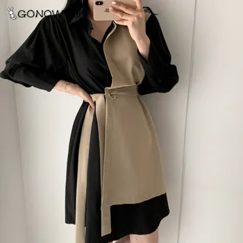 

Chic Korean Ladies Elegant Style Two-piece Imitation Dress Long Sleeve Turn Down Collar Patchwork Two Colors Shirt OL Dress