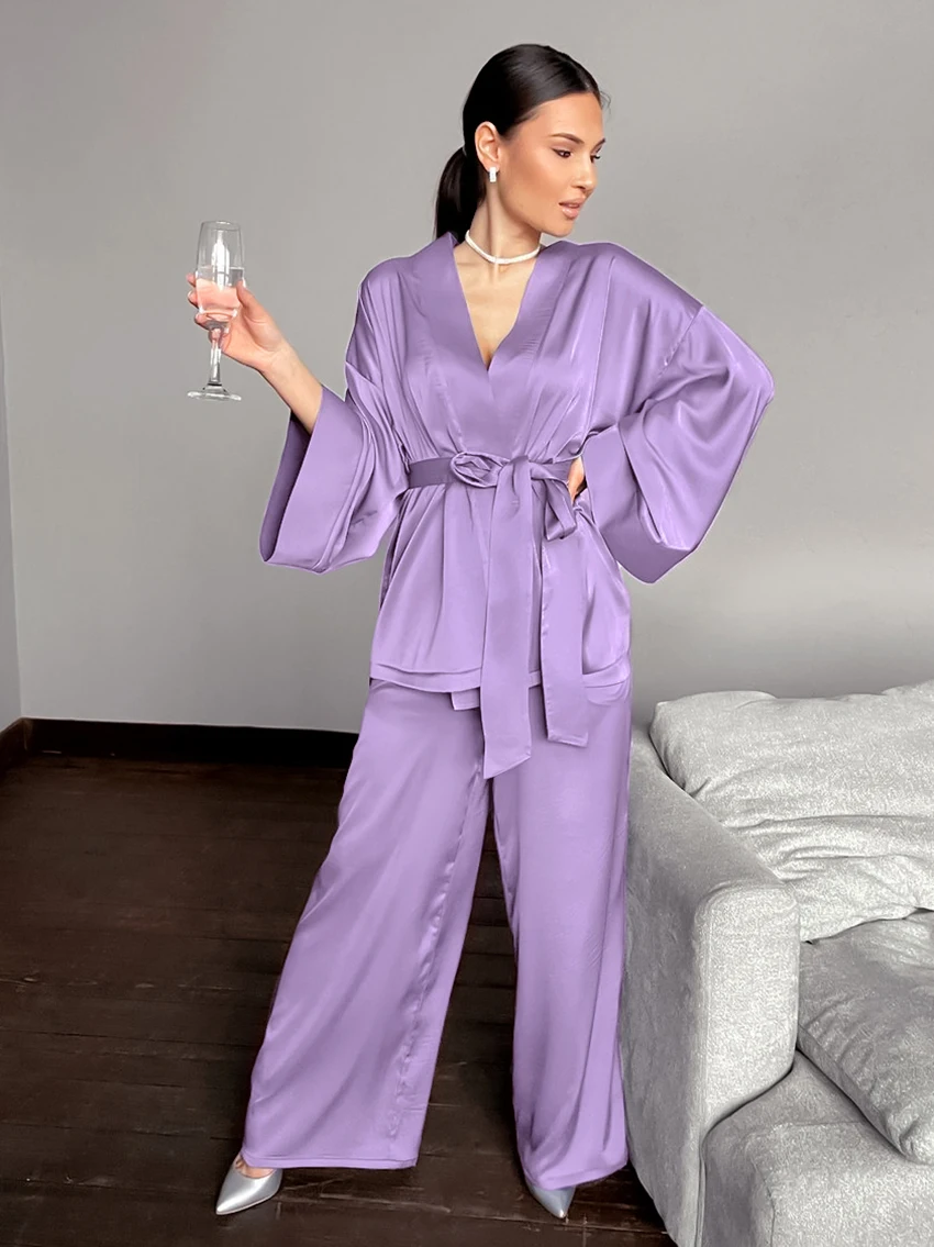 Women Robes With Sashes 2 Piece Set Wrist Sleep Tops Satin Pants Loose Pajamas Casual Sleepwear Female Home Suits