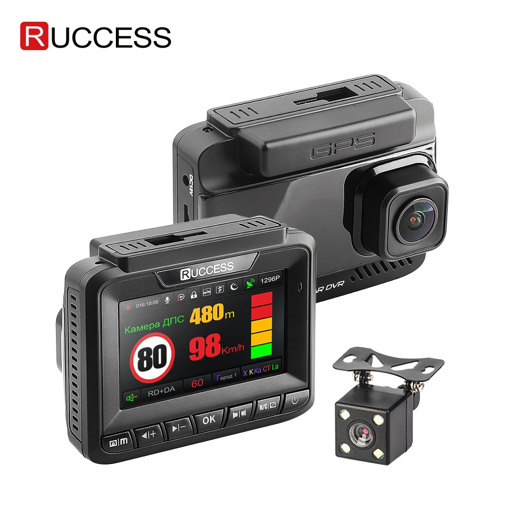 Ruccess Radar Detector Gps 3 In 1 Car Dvr Fhd 1296p 1080p Dual Lens