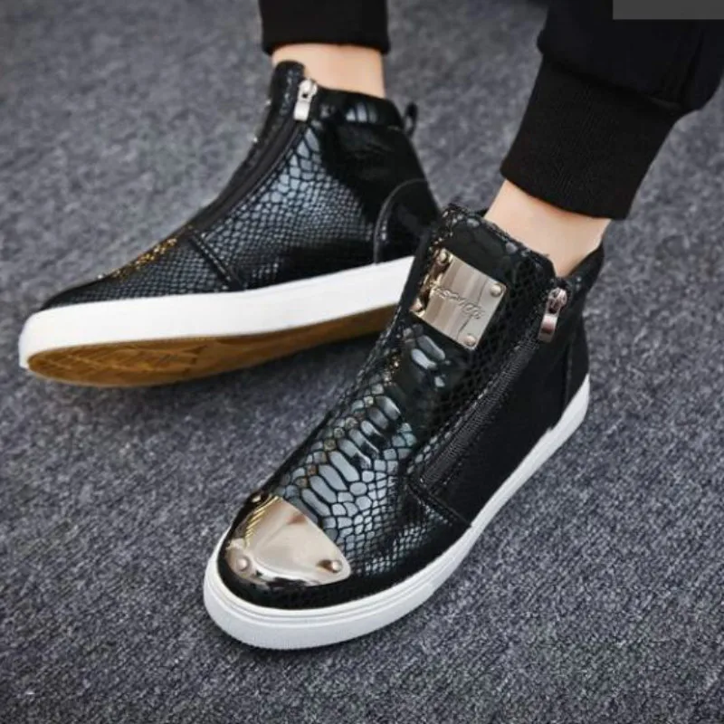 Мужские кроссовки с высоким берцем из микрофибры; обувь на платформе; брендовая модная мужская обувь с принтом; Черная искусственная кожа; популярная обувь; Мужская Вулканизированная обувь; D5-17