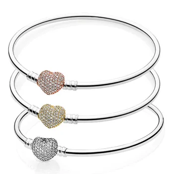 

Rose Gold & Silver Smooth Ball Clasp Mesh Snake Chain 925 Sterling Silver Bangle Fit Fine Bracelet Bead Charm DIY Jewelry