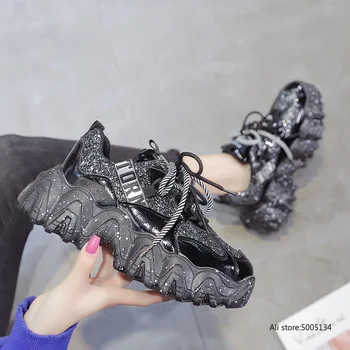 

2020 New Women Chunky Sneakers Designer Dad Shoes Platform Shining Black Red Ladies Ulzzang Fashion Leather Casual Shoes Woman