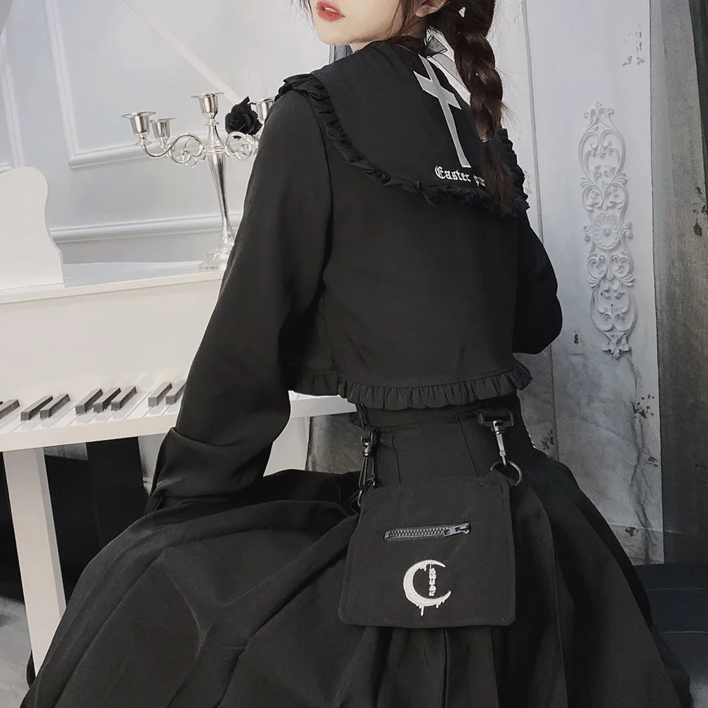 Rosetic Women Goth Blouse Cross Print Stringy Selvedge Bowknot Geometric Pullover Long Sleeve Slim Top Preppy Young Girl Loli