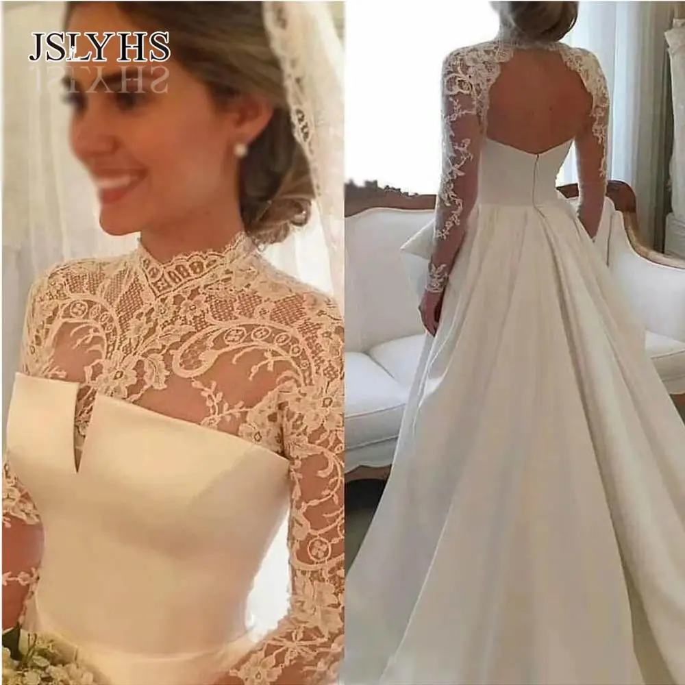 

JSLYHS new luxury satin wedding dress backless sexy a-line bridal gown bride lace long sleeve dress vestido de noiva